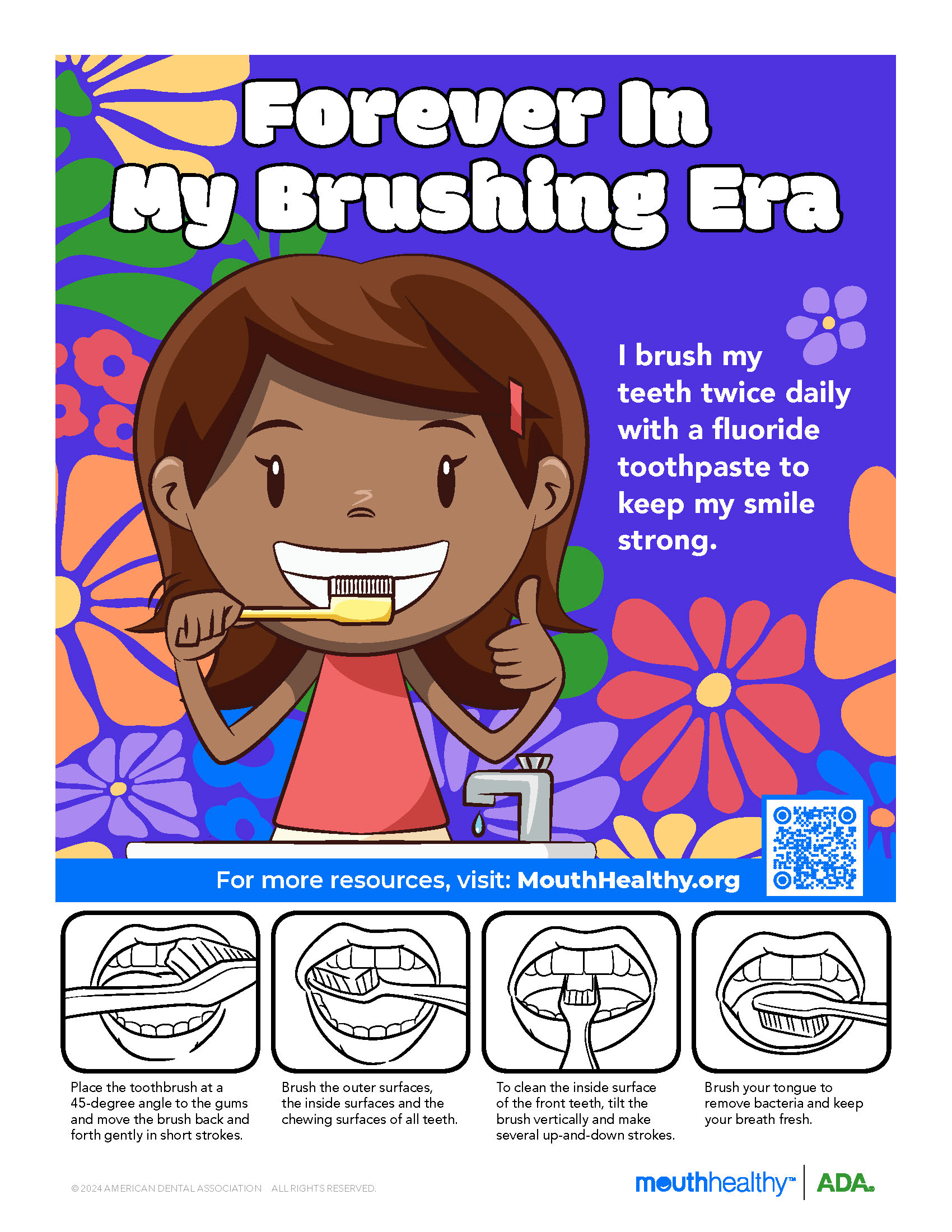 ADA Brushing Flyer - little girl brushing her teeth with the caption Forever in My Brushing Era