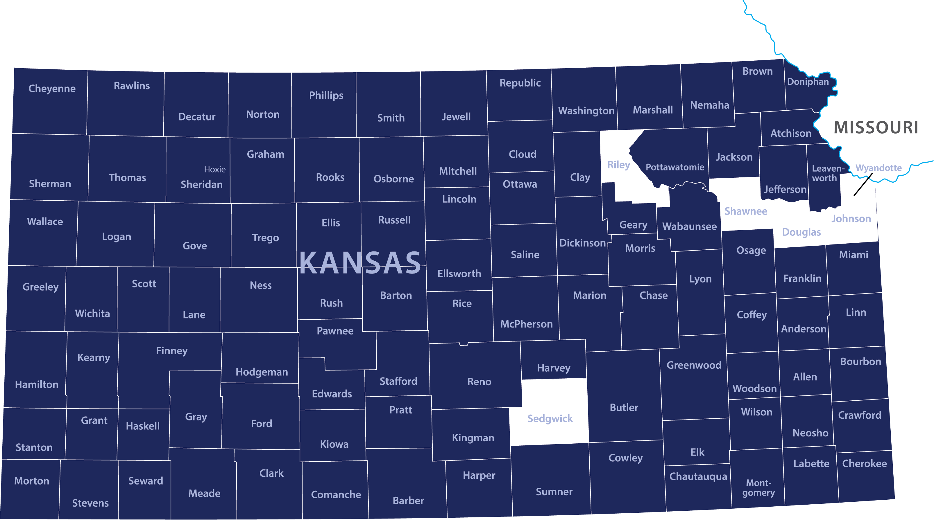 Map of the state of Kansas showing in navy which counties are considered 